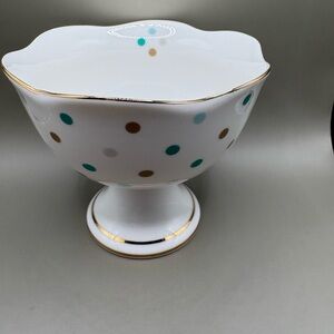 Polka Dot Pedestal Bowl Set- White with Gold and Teal Accents